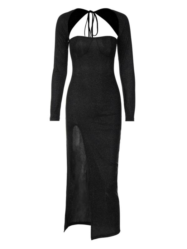 Women's Glitter Ruched Backless Split Thigh Bodycon Dress, Elegant Sweetheart Neck Drop Shoulder Long Sleeve Evening Party Gown, Women's Clothing for Spring & Fall